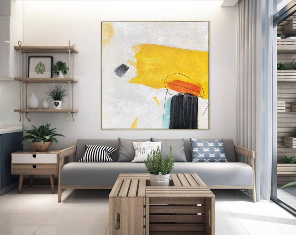 Yellow Original Hand-painted White Office Abstract Canvas Artwork LZN0M